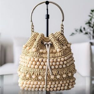Jimmy Choo Bon Bon leather trimmed bead embellished raffia bag. Gorgeous!